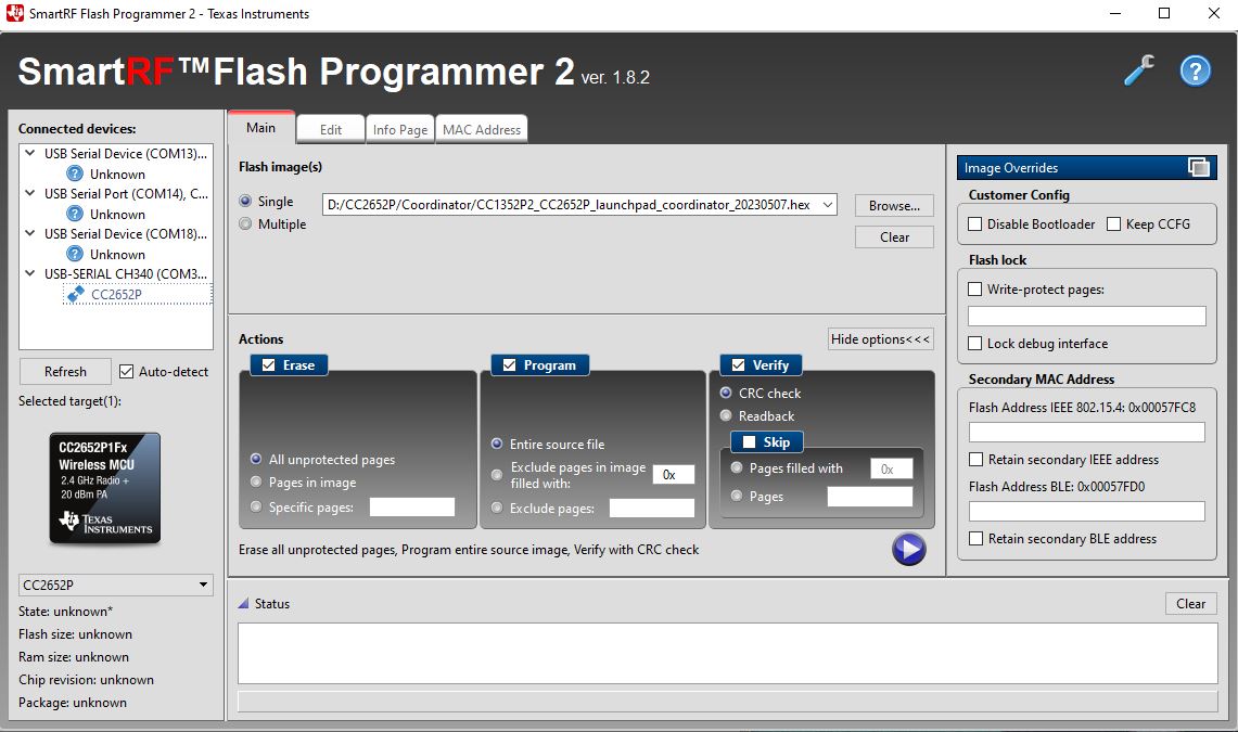 SmartRF Flash Programmer 2 — contoh antarmuka untuk flash firmware CC2652P