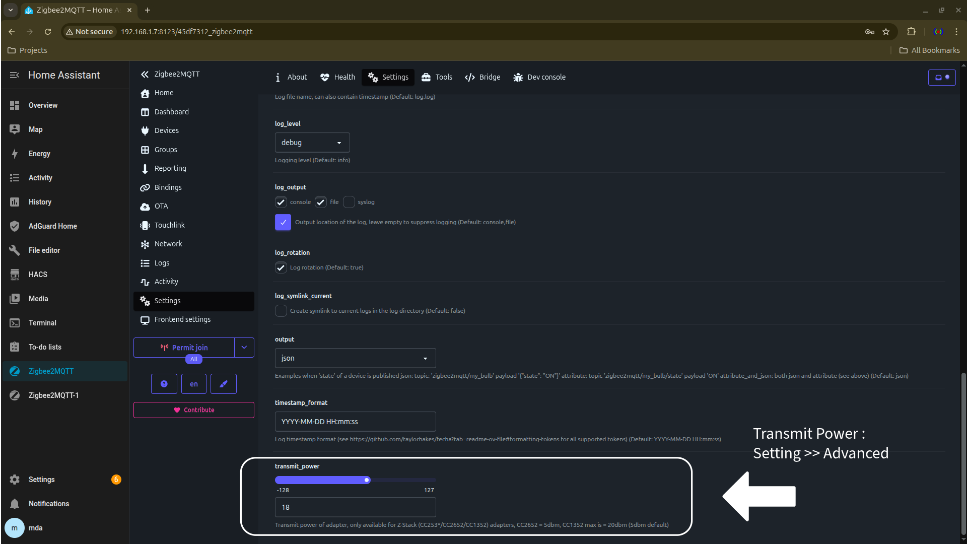 Pengaturan daya pancar di Zigbee2MQTT (Settings → Advanced)