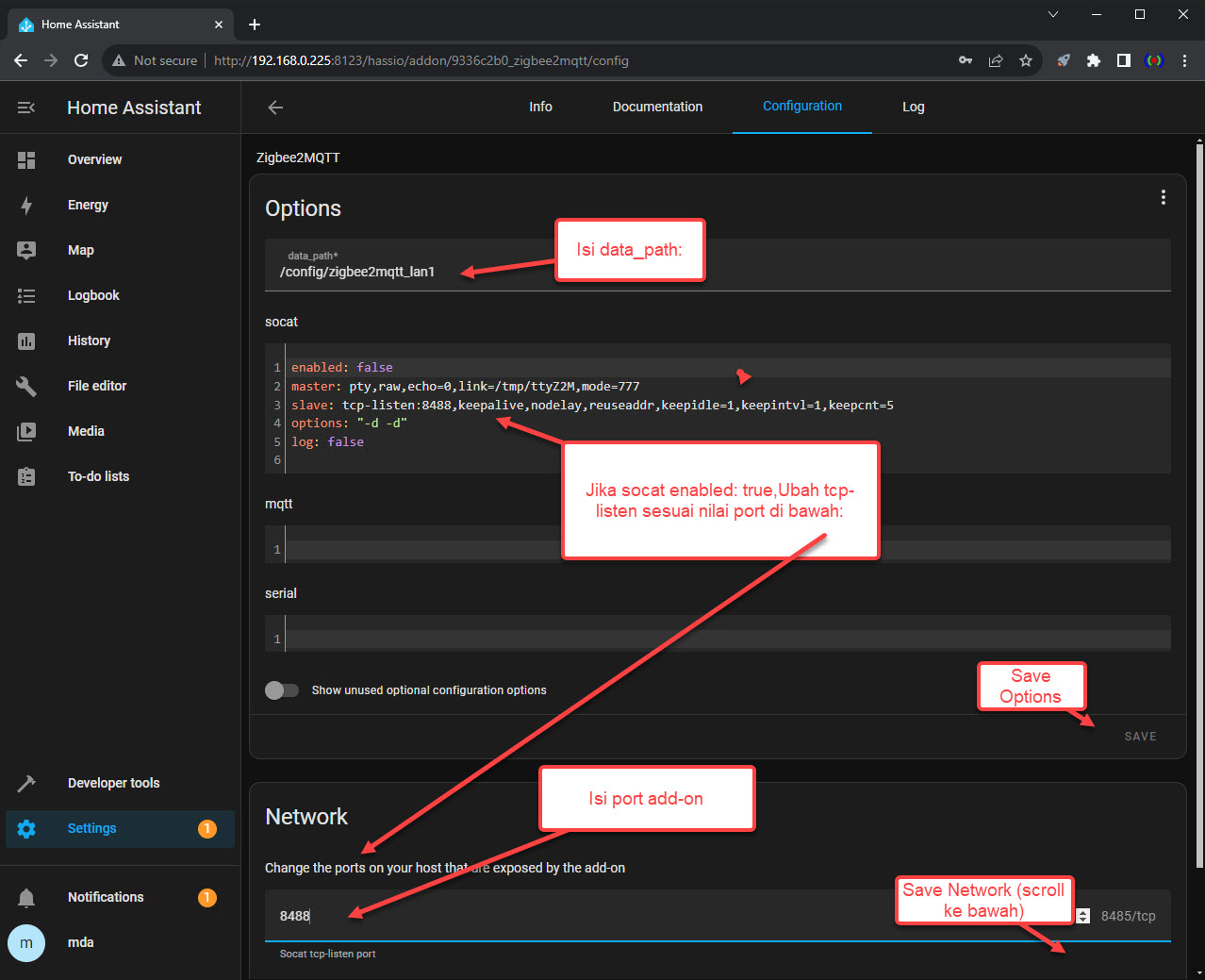 Contoh pengaturan data_path, socat, dan port add-on Zigbee2MQTT